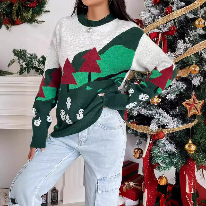 Damen Weihnachtspullover mit festlichem Schneemotiv und hohem Kragen Drune