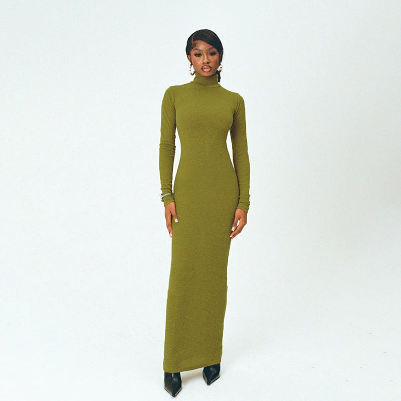 Damen Langarm Maxikleid mit elegantem Stehkragen und figurbetontem Schnitt Drune