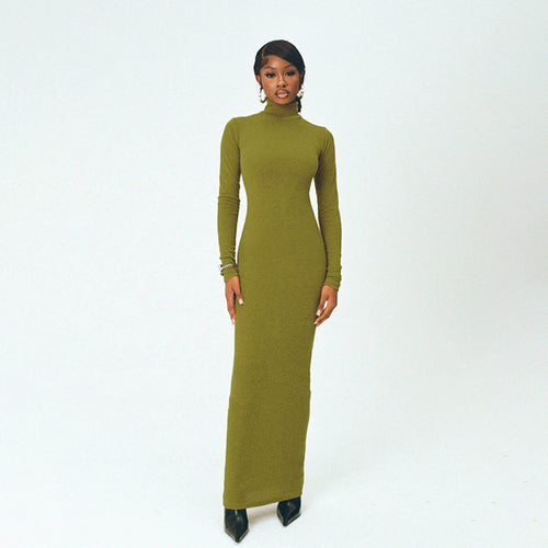 Damen Langarm Maxikleid mit elegantem Stehkragen und figurbetontem Schnitt Drune