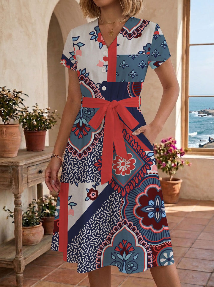 Damen Sommerliches Kleid mit taillierbarem Bindegürtel und floralem Muster Drune