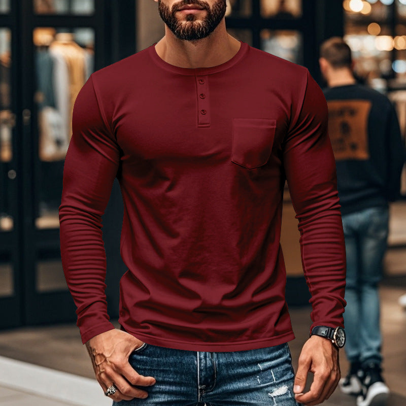 Herren nan figurbetontes Henley-Langarmshirt mit Brusttasche und feinem Stretchjersey Drune