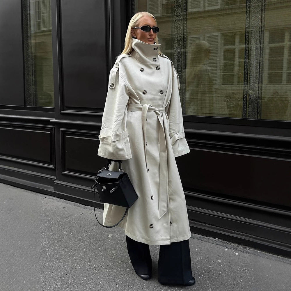 Damen eleganter Mantel mit hohem Kragen und taillierbarem Gürtel Drune
