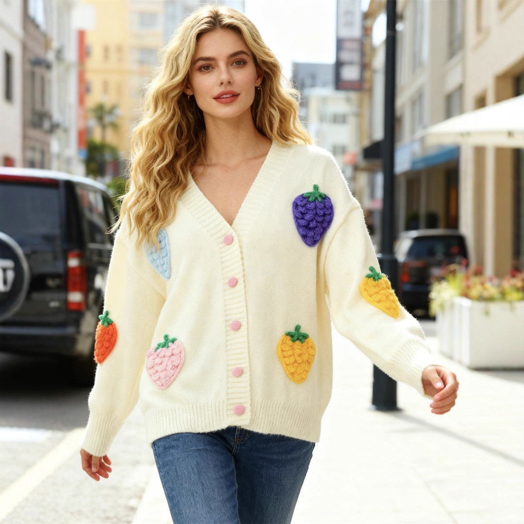 Damen lässige Strickjacke mit buntem Fruchtmotiv Drune