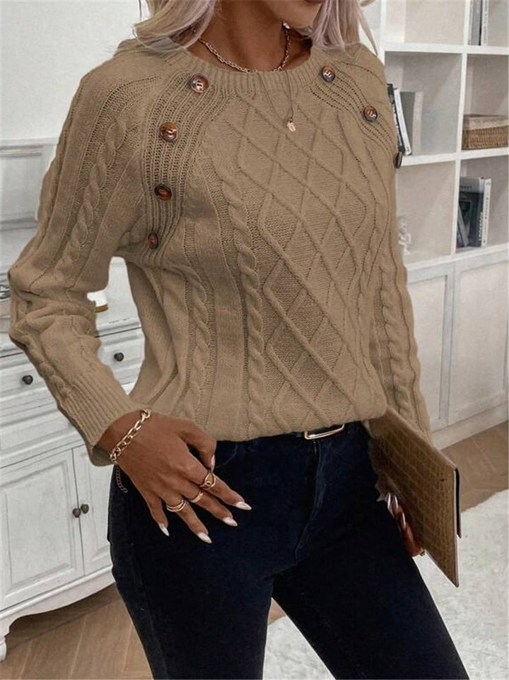 Damen Strickpullover mit strukturiertem Rautenmuster und dekorativen Knöpfen Drune