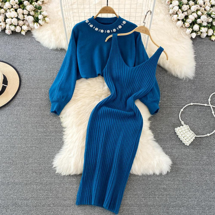 Damen Strickkleid mit eleganter Rippstruktur und femininen Trägern Drune