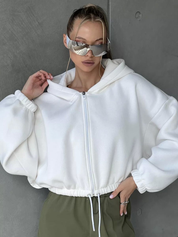 Damen nan kurzes Oversize-Kapuzensweatshirt mit Halbzip und Kordelzugbund Drune
