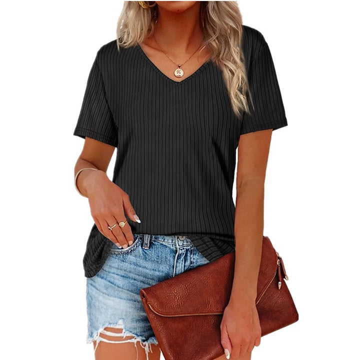 Damen Viskose T-Shirt mit feinem Rippstrickmuster und lässigem V-Ausschnitt Drune
