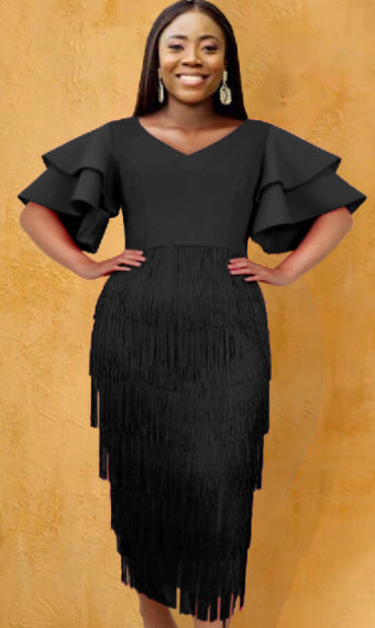 Damen Cocktailkleid mit voluminösen Rüschenärmeln und Fransen-Saum Drune