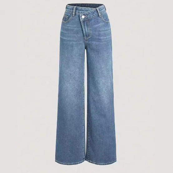 Damen Weit geschnittene Denim-Hose mit hohem Bund und klassischen Taschen Drune