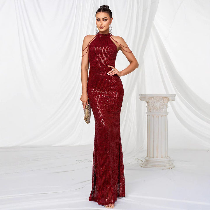 Damen Glamouröses Langarm-Abendkleid mit senkrechtem Paillettenverlauf und hohem Kragen Drune