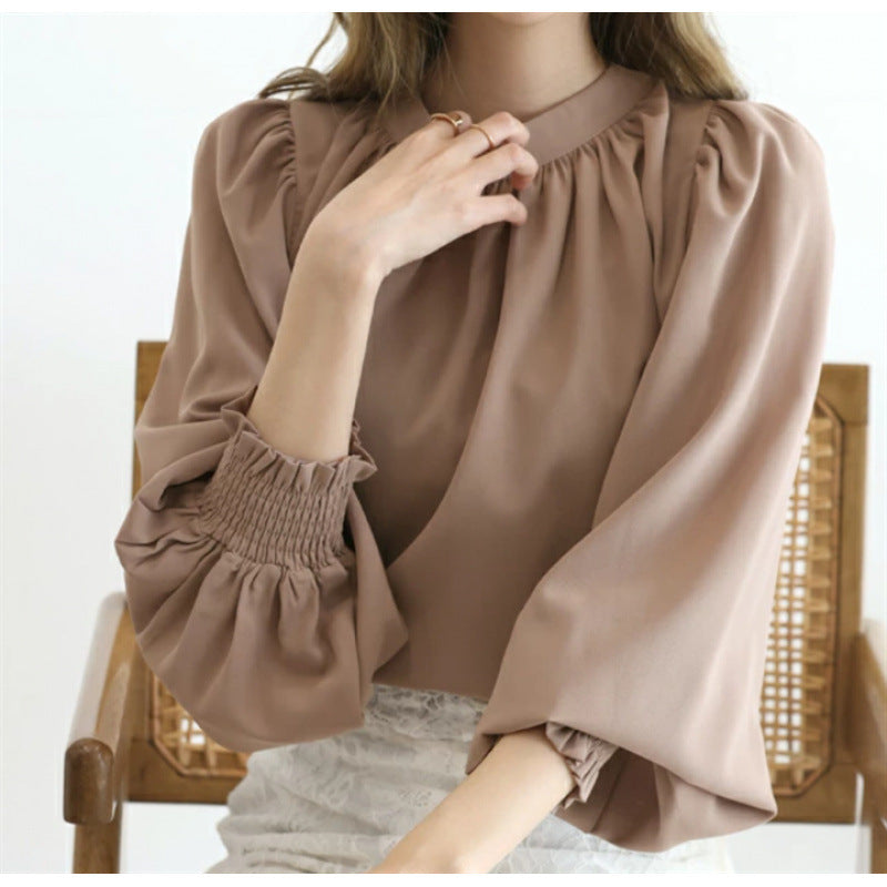 Damen elegante Bluse mit voluminösen Ärmeln und Stehkragen Drune