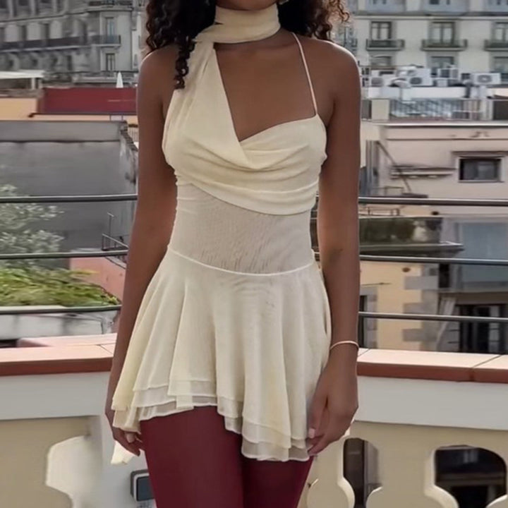 Damen elegantes asymmetrisches Mini-Kleid mit dekorativem Schulterband und fließendem Saum Drune
