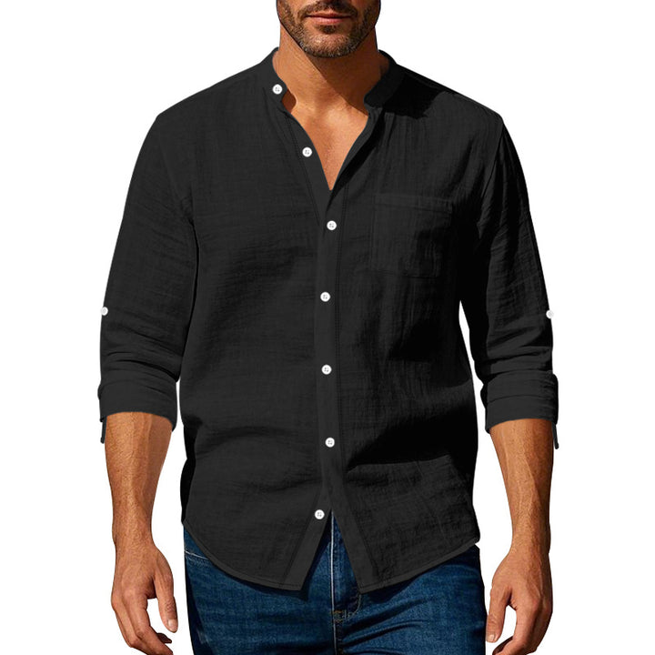 Herren nan Leinen-Baumwoll-Hemd mit Stehkragen, krempelbaren Ärmeln und Brusttasche Drune