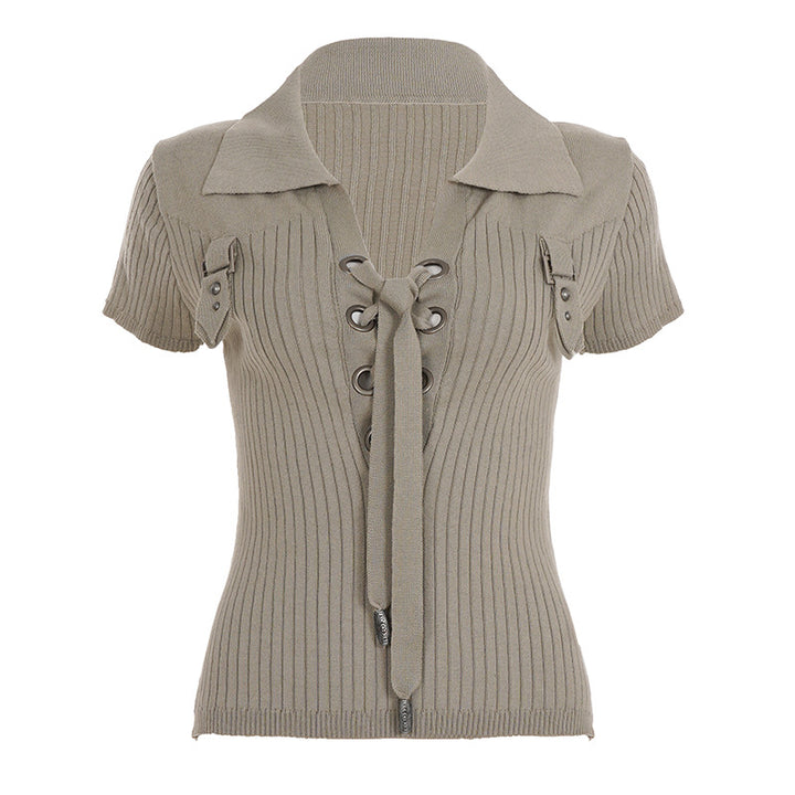Damen Strickoberteil mit kontrastierendem Schnürdesign und kurzen Ärmeln Drune