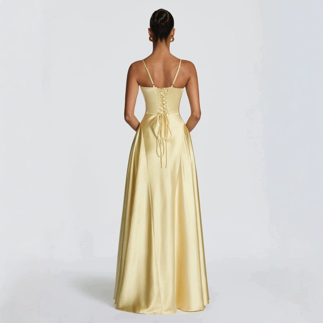Damen elegantes Satin-Maxikleid mit raffinierten Spaghettiträgern Drune