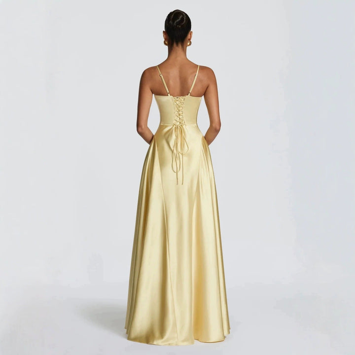 Damen elegantes Satin-Maxikleid mit raffinierten Spaghettiträgern Drune