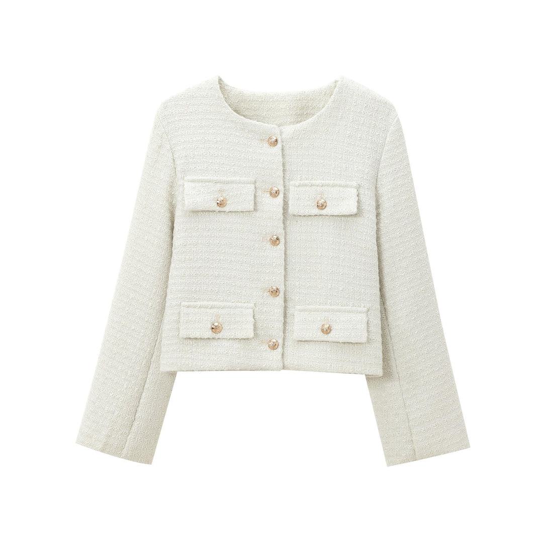 Damen elegante Blazerjacke im strukturierten Tweed-Design mit dekorativen Knopfdetails Drune