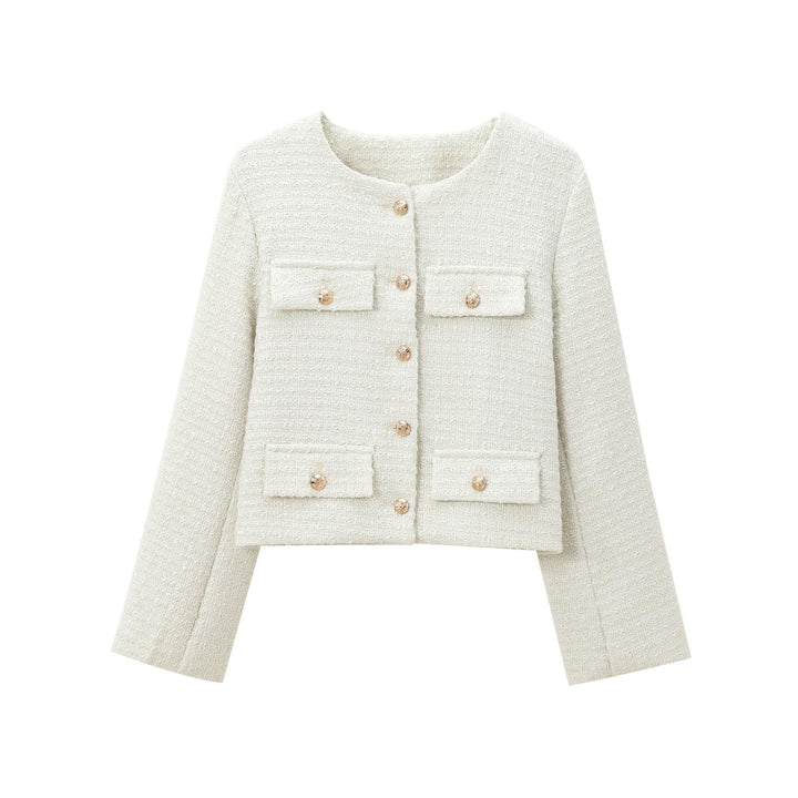 Damen elegante Blazerjacke im strukturierten Tweed-Design mit dekorativen Knopfdetails Drune