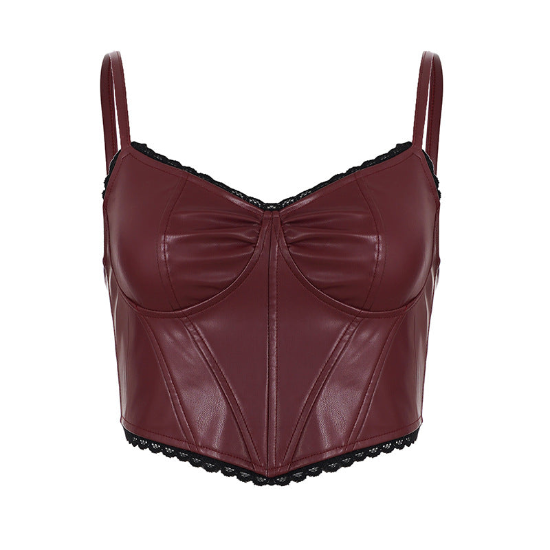 Damen Kunstleder-Corsage-Top mit elegantem Spitzensaum Drune