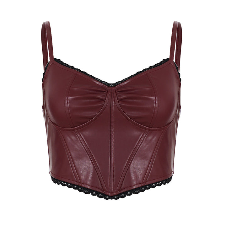 Damen Kunstleder-Corsage-Top mit elegantem Spitzensaum Drune