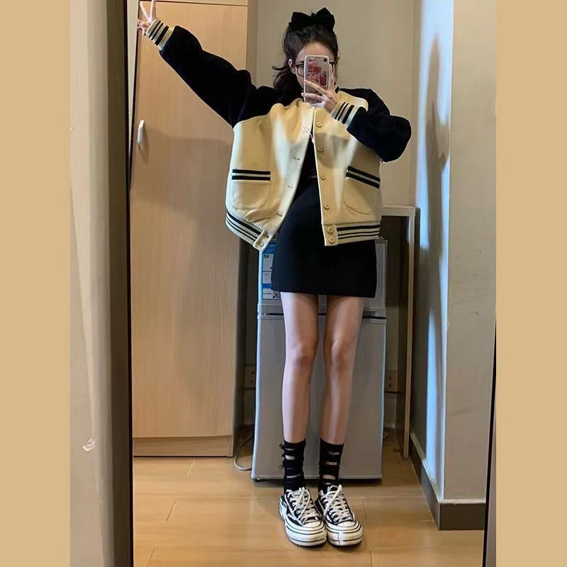 Damen Modisch Oversized Collegejacke mit Knopfverschluss und Kontraststreifen Drune