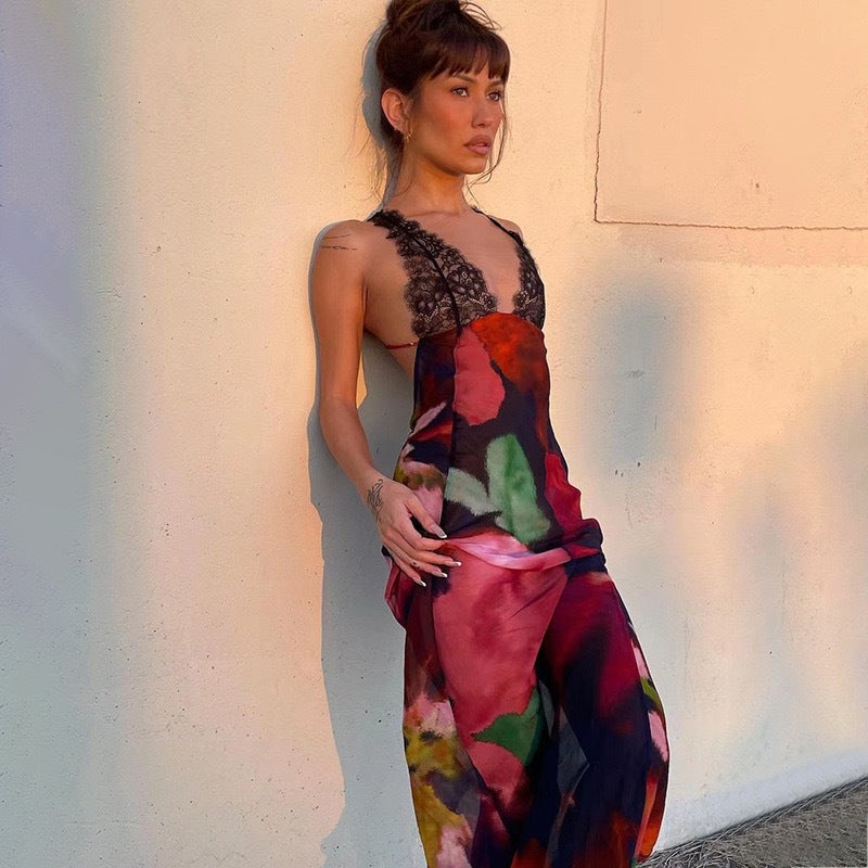 Damen Maxikleid mit raffiniertem Spitzenbesatz und floralen Mustern Drune