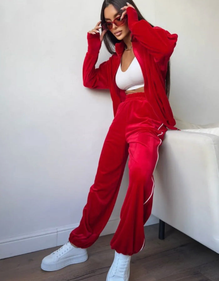 Damen modisches und vielseitiges Velours-Sportoutfit mit Reißverschluss Drune