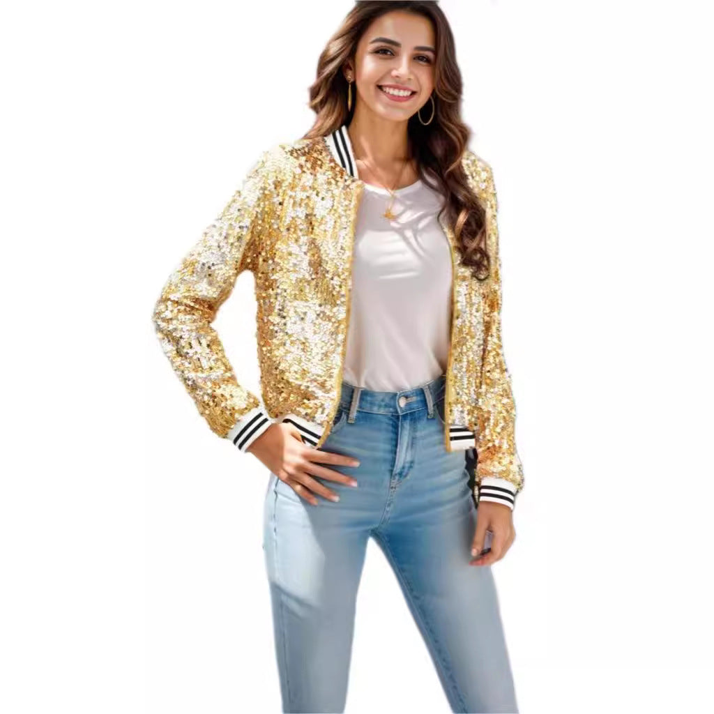 Damen Glitzernde Bomberjacke mit sportlichen Streifen und Pailletten-Besatz Drune