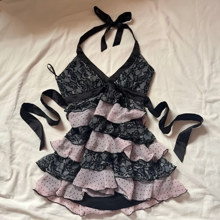 Damen Rüschen Kleid mit Spitzenoberteil Drune