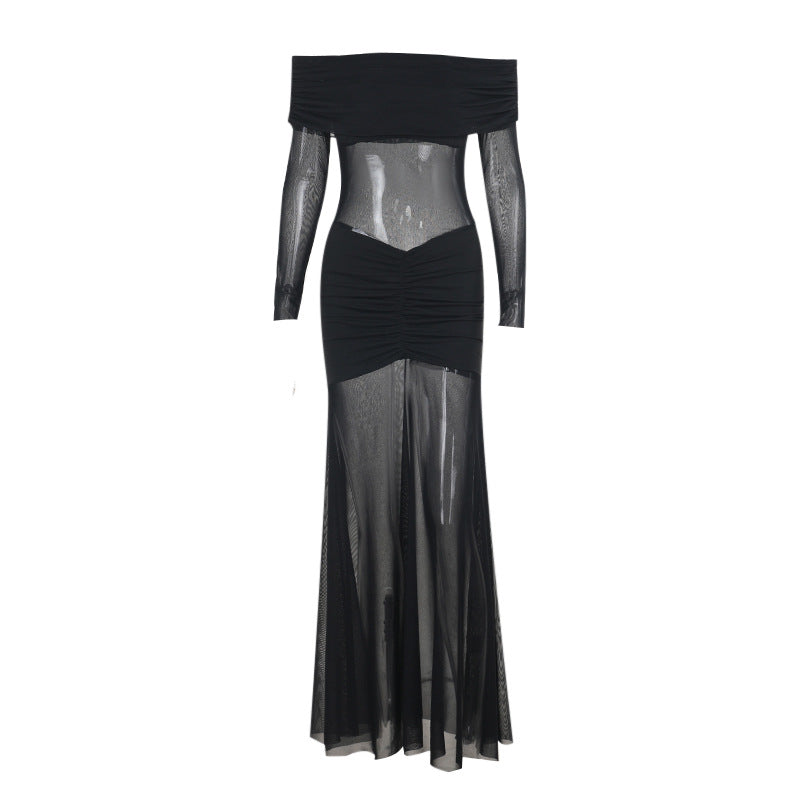 Damen durchsichtiges Maxikleid mit schulterfreiem Design und Rüschungen Drune