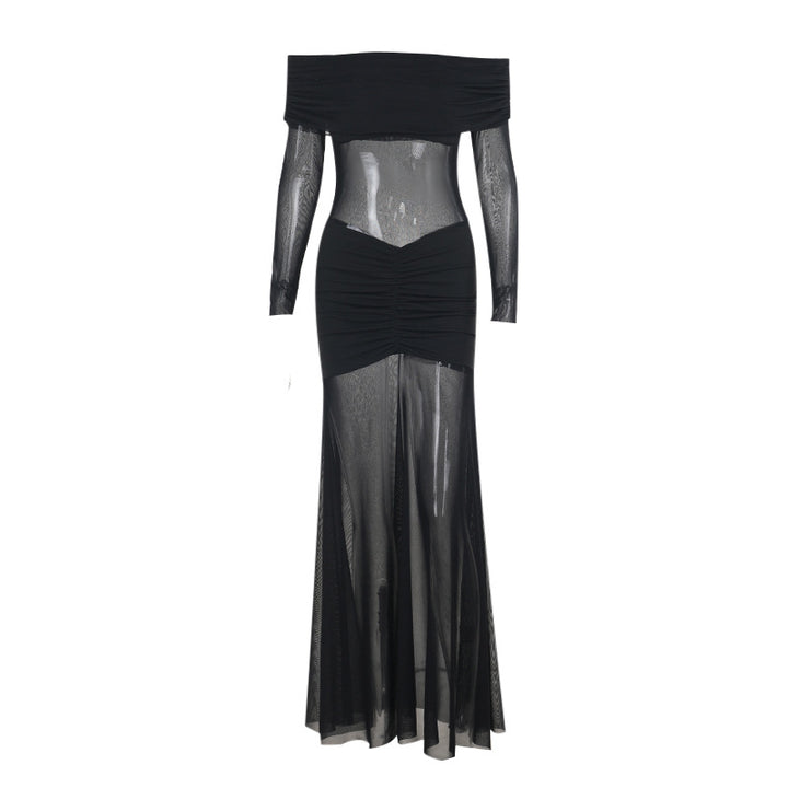 Damen durchsichtiges Maxikleid mit schulterfreiem Design und Rüschungen Drune