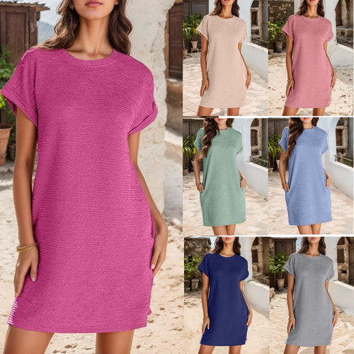 Damen lässiges T-Shirt-Kleid mit umschlagbaren Ärmeln und strukturiertem Stoff Drune