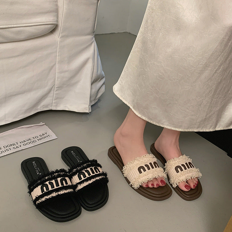 Damen bequeme Slide-Sandalen mit modischem Textiloberteil und stylischen Riemen Drune