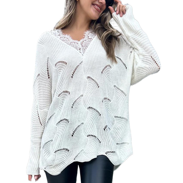 Damen lässiger Strickpullover mit filigraner Lochmusterung und V-Ausschnitt Drune