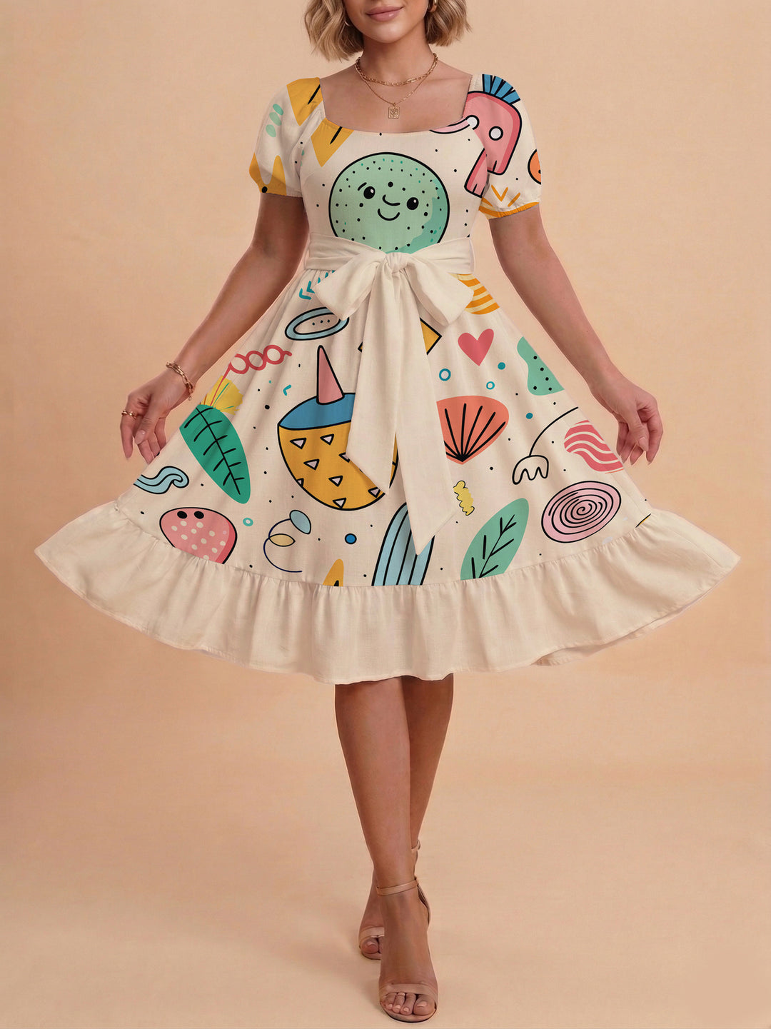 Damen Sommerkleid mit floralem Puffärmel und taillierbarem Gürtel Drune