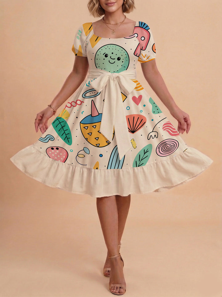 Damen Sommerkleid mit floralem Puffärmel und taillierbarem Gürtel Drune