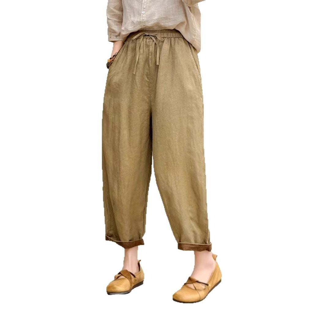 Damen Relaxed Fit Hohe Taille Hose mit verstellbarem Zugband Drune