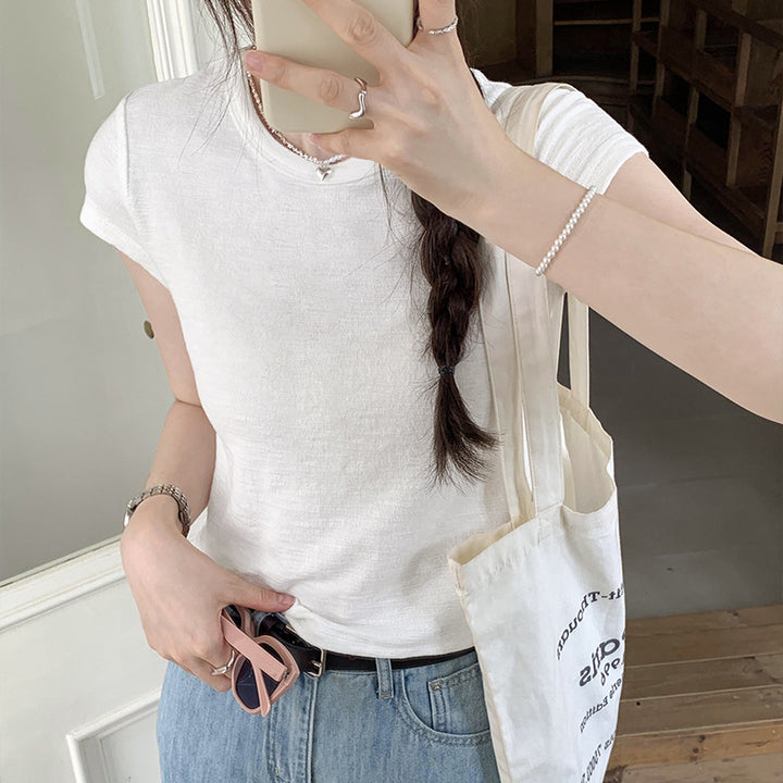 Damen Rundhals Kurzarm T-Shirt Slim Fit Grau