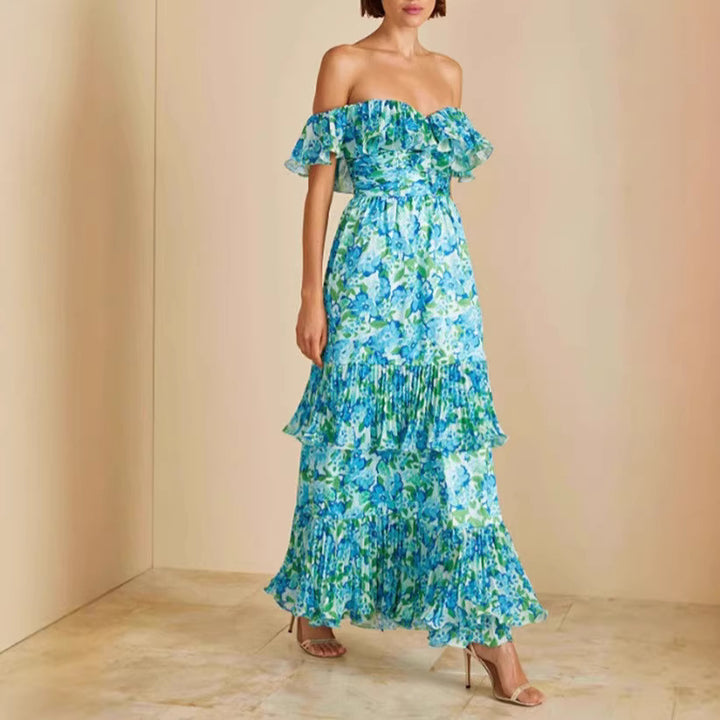 Damen maxi Kleid mit voluminösen Rüschendetails und floralem Design Drune
