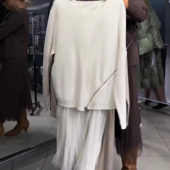 Damen trendiger, asymmetrischer Pullover mit Drapierung Drune