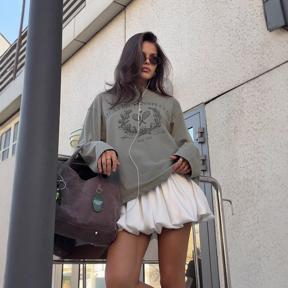 Damen lässiges Langarmshirt mit kreativem Druckdesign Drune