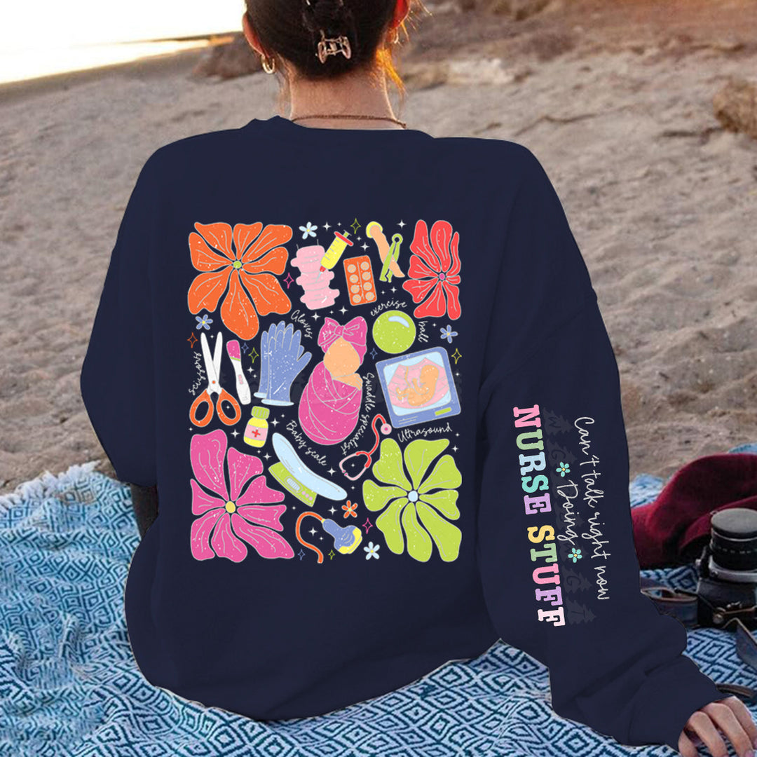 Damen Sweatshirt mit buntem Grafikdesign und originellem Pflege-Motiv Drune