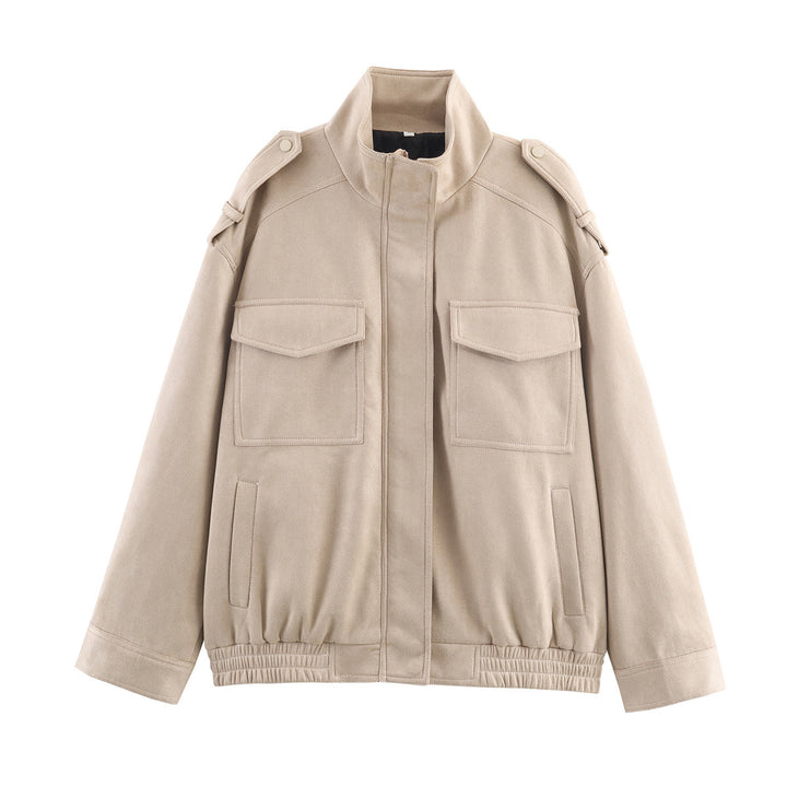Damen Modische Utility-Jacke mit praktischen Taschen und Stehkragen Drune