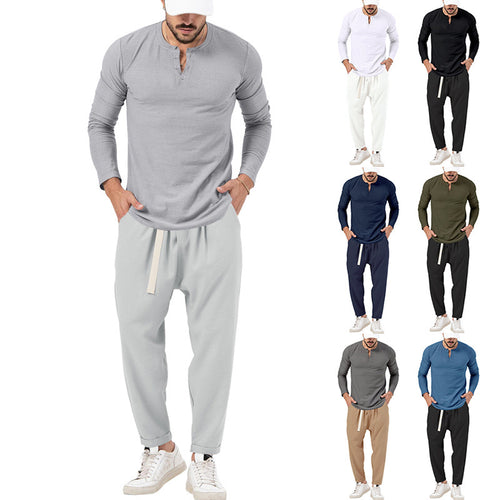 Herren lässiges Langarm-Henley-Shirt kombiniert mit eleganter Jogginghose Drune