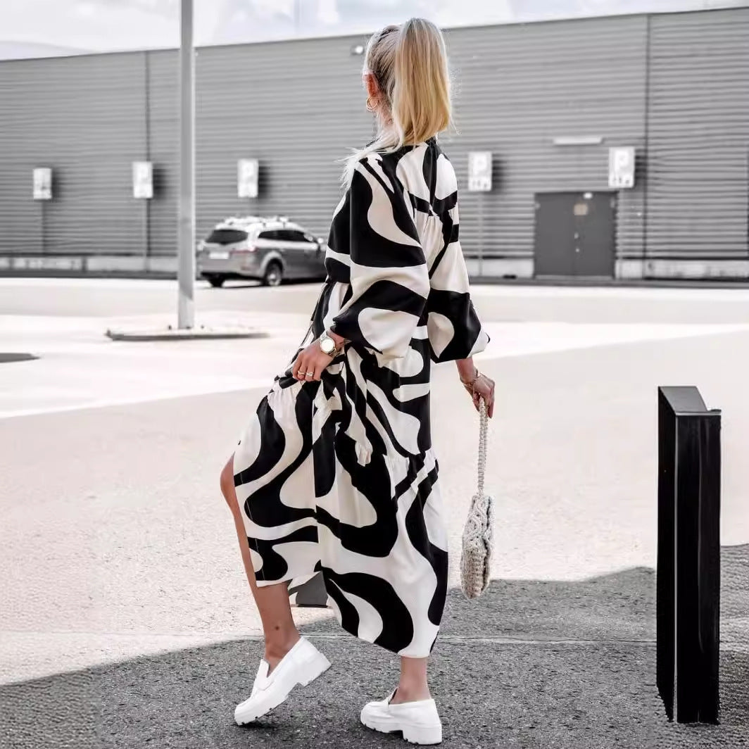 Damen Langarm Hemdblusenkleid mit modischem Muster und Taillengürtel Drune