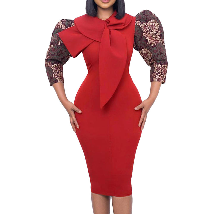 Damen elegantes Kleid mit Statement-Kragen und floralem Ärmel Drune