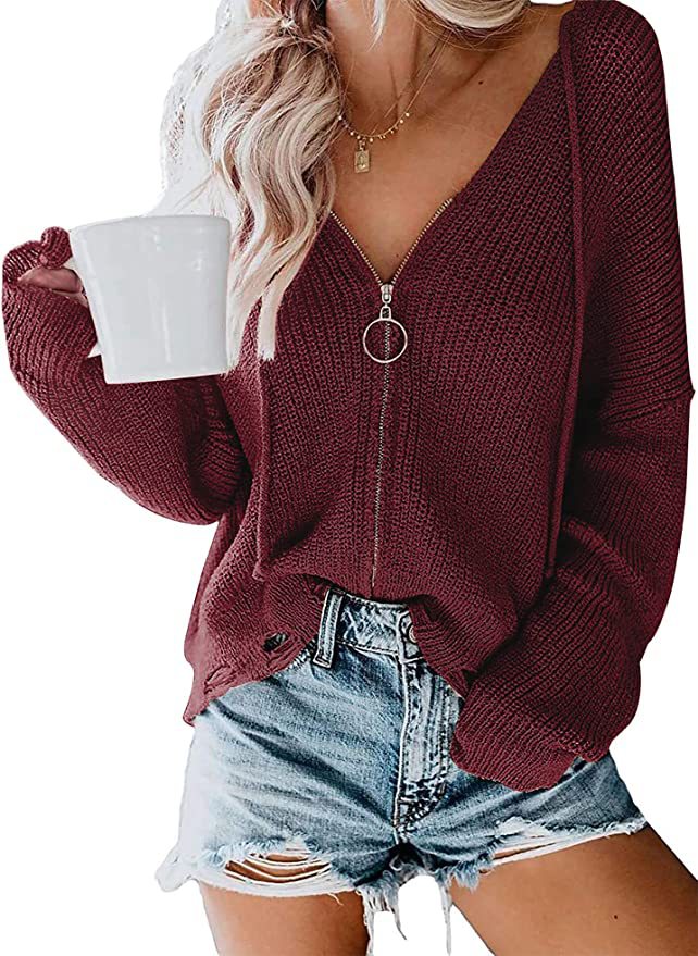 Damen V-Ausschnitt Strickpullover mit durchgehendem Reißverschluss und lässigem Schnitt Drune