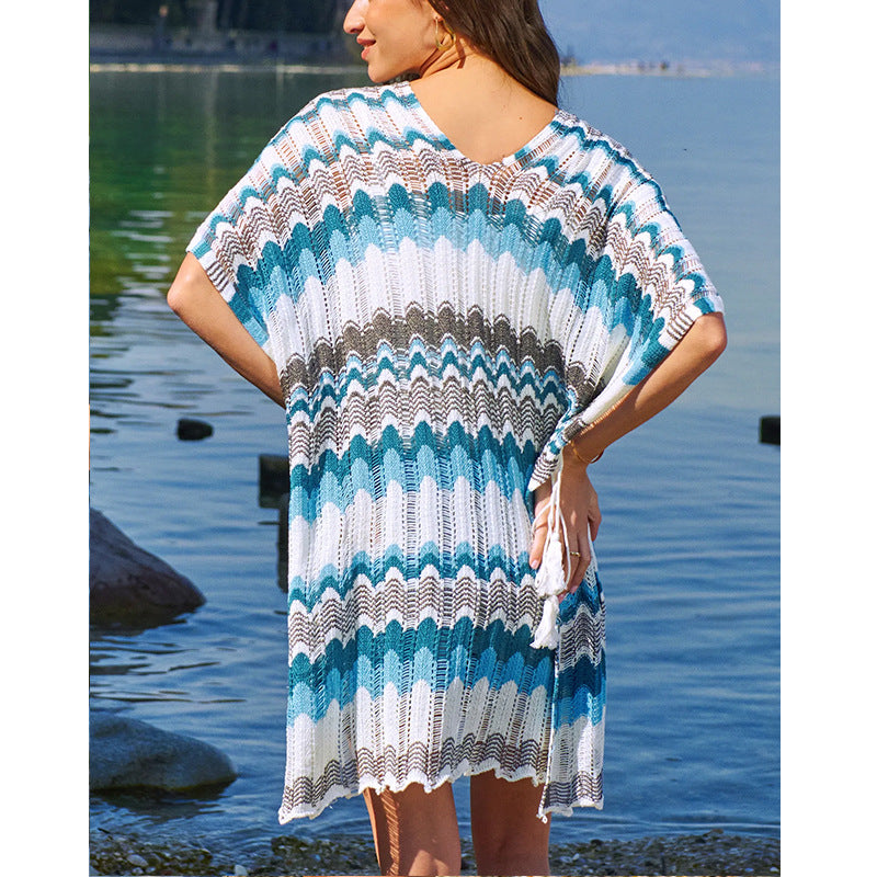 Damen lässiger Strandkimono im Wellenmuster mit offenen Ärmeln und seitlichen Schlitzen Drune
