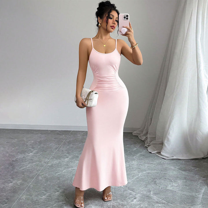 Damen figurbetontes Maxikleid mit Spaghettiträgern und raffiniertem Drapierungsdesign Drune