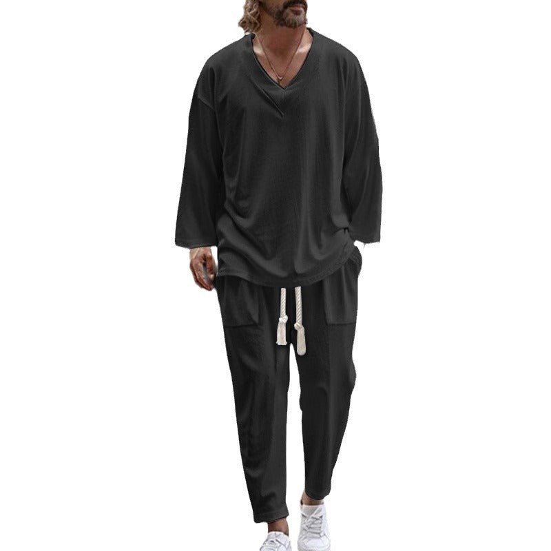 Herren lässiges Sommer-Loungewear-Set mit V-Ausschnitt und elastischem Bund Drune